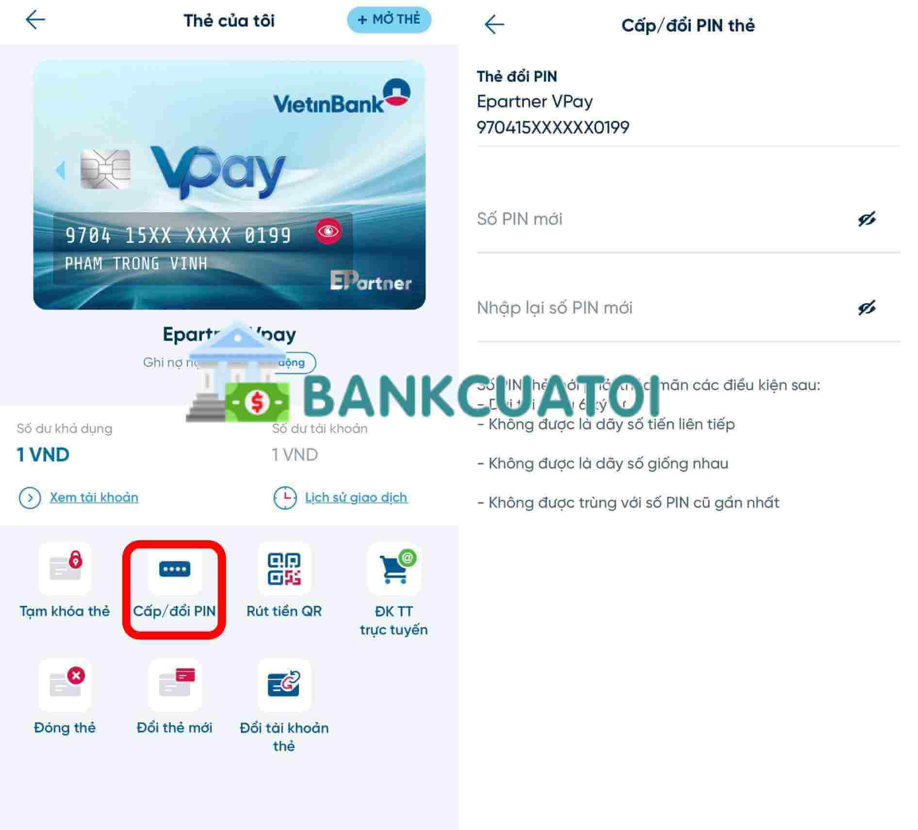 cách đổi mã PIN thẻ Vietinbank